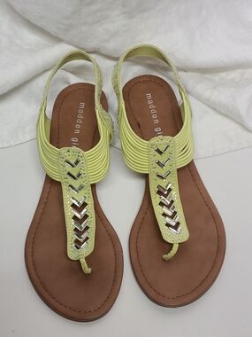 Madden Girl Women's Neon Green Yellow Rhinestone T-Strap Sandals